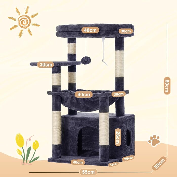 Кігтеточка для котів Heybly Kratzbaum HCT008SW сірого кольору з великим м'яким кошиком та місцем для сну