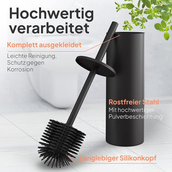 Торбінг Дизайн Туалетний Щітка з Нержавіючої Сталі - Якісна Щітка з Закритим Тримачем - Силіконова Щітка з Ефектом Лотоса - Сучасний Дизайн - Елегантні Кольори - Подовжений Рукоятка (Чорний Матовий Вугільний)