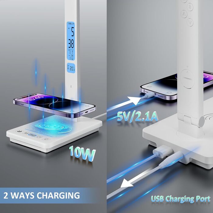 LED лампа настільна YAMYONE з бездротовим зарядним пристроєм та USB-портом, 5 кольорів, регулювання яскравості, нічник, годинник, термометр, для офісу та навчання, білий колір