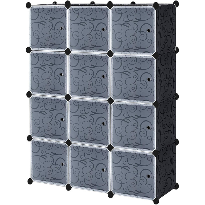 UISEBRT DIY Plastic Wardrobe System - Storage Shelf Wardrobe Closet Shoe Rack Plastic Boxes, 12 Boxes with Doors, Black with Pattern