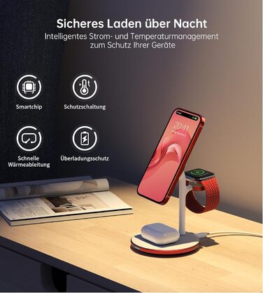 3-в-1 Бездротова Зарядка для Багатьох Пристроїв: iPhone, iWatch, AirPods, 15W, MagSafe, Колір: Маджента