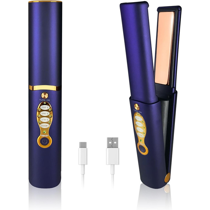 Бездротове праска для волосся з акумулятором 5000mAh, титанова поверхня, 2-в-1 (випрямляч та локони), міні, для подорожей, 3 температурні режими, швидкий нагрів, для всіх типів волосся (білий, блакитний)