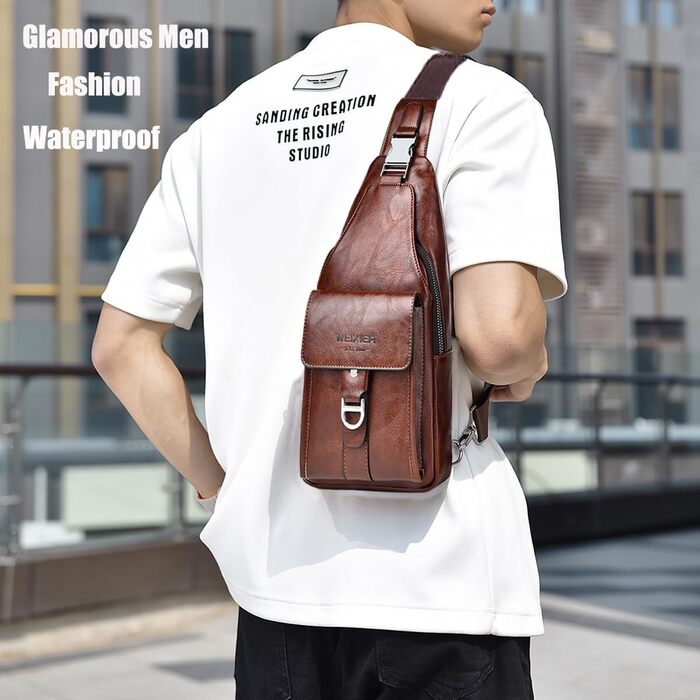 Чоловіча шкіряна сумка через плече, нагрудна, водонепроникна, для подорожей, велоспорту, кемпінгу (темно-коричнева)