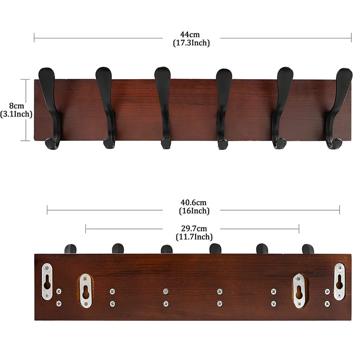SKOLOO Wall Mounted Coat Rack - Wood Brown Wall Coat Rack Hooks Wall Organizer Clothes Hanger Rack with 6 Hooks for Hanging Coats, Hats, Clothing, Scarves, Brown & Black 1 Brown (6 Hooks)