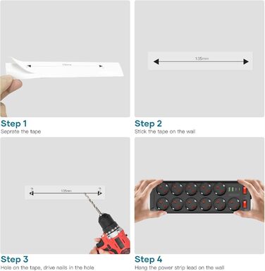 Многорозеткова панель з USB, 11 розеток, з вимикачем, 2 USB-A та 2 USB-C порти, 4000W, 16A, 2 вимикачі, 2м кабель (чорний)