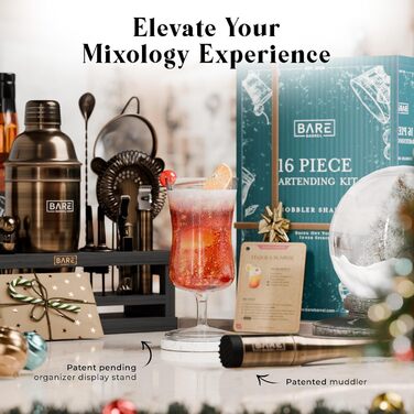 Набір бармена BARE BARREL® Mixology: 16 предметів для приготування коктейлів | Шейкер, барний аксесуар, набір для дому | 35 рецептів, 24oz Cobbler Shaker