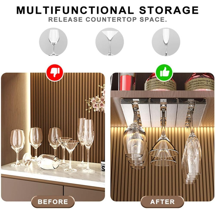 Підвісні тримачі для келихів вина Geoyien (4 шт.), без свердління, міцна конструкція, економія місця (колір: коричневий, розмір: 25,8*11*2,4 см)