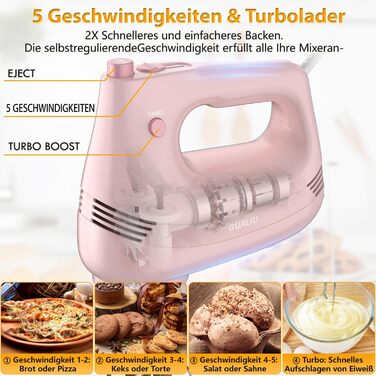 Електричний ручний міксер з нержавіючої сталі, вінчики та гаки для тіста, 5 швидкостей, Turbo Boost, для випічки, тортів, яєць та збивання (РОЖЕВИЙ)