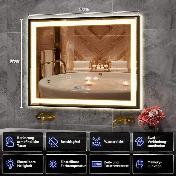 Дзеркало для ванної кімнати YU YUSING з підсвічуванням 60x80 см, антизапар, 3 кольори світла, регулювання яскравості, LED-дзеркало з годинником, IP44, вертикальне, срібло (чорний металевий каркас, 70x50 см)