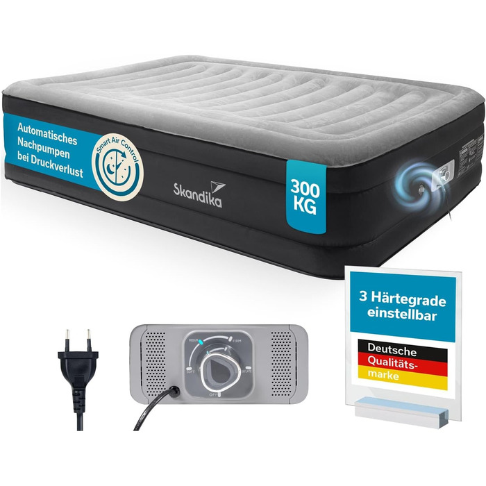 Надувна повітряна матрац Skandika Sveja | Матрац для кемпінгу, самонадувний з насосом, 204 x 151 x 43 см, вантажопідйомність 300 кг, сумка для перенесення | Матраци, намети, кемпінг (2 особи, мережевий адаптер & Smart Air)
