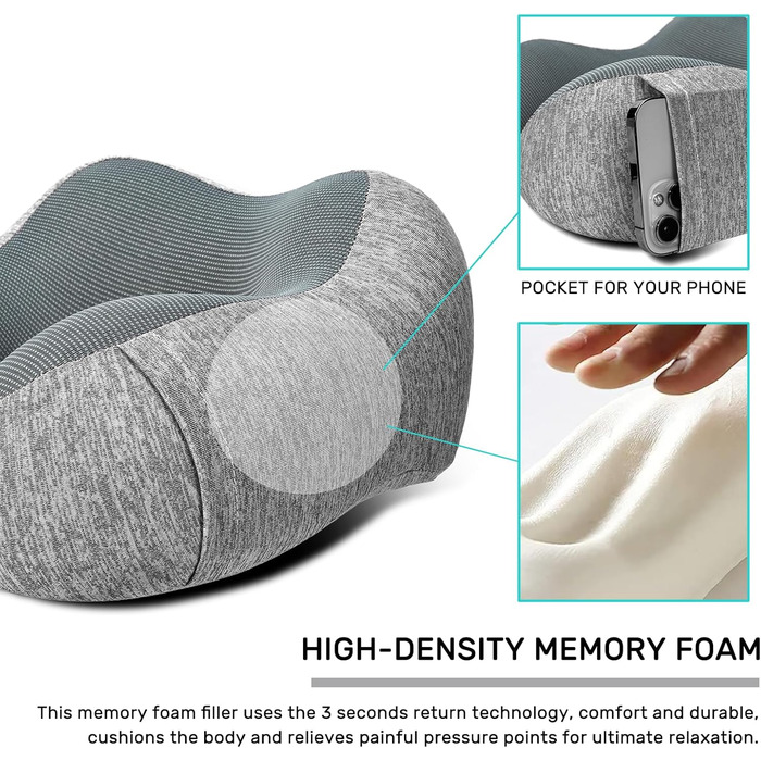 Подушка для шиї у літак 2 шт. Memory Foam, м'яка та підтримуюча, для подорожей, сну, авто, поїздів та дому (Синій та Сірий) (C-чорний та Сірий)