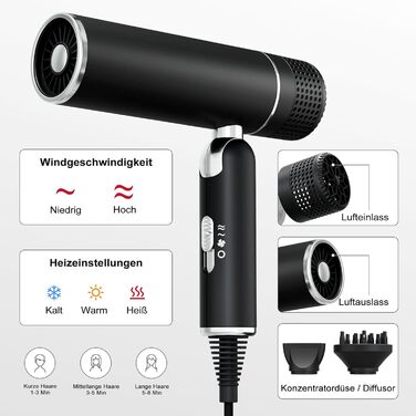Фен 7MAGIC з концентратором, компактний для подорожей, 1600W, з іонізацією, захист від перегріву, для всіх типів волосся, зелений (з аксесуарами)