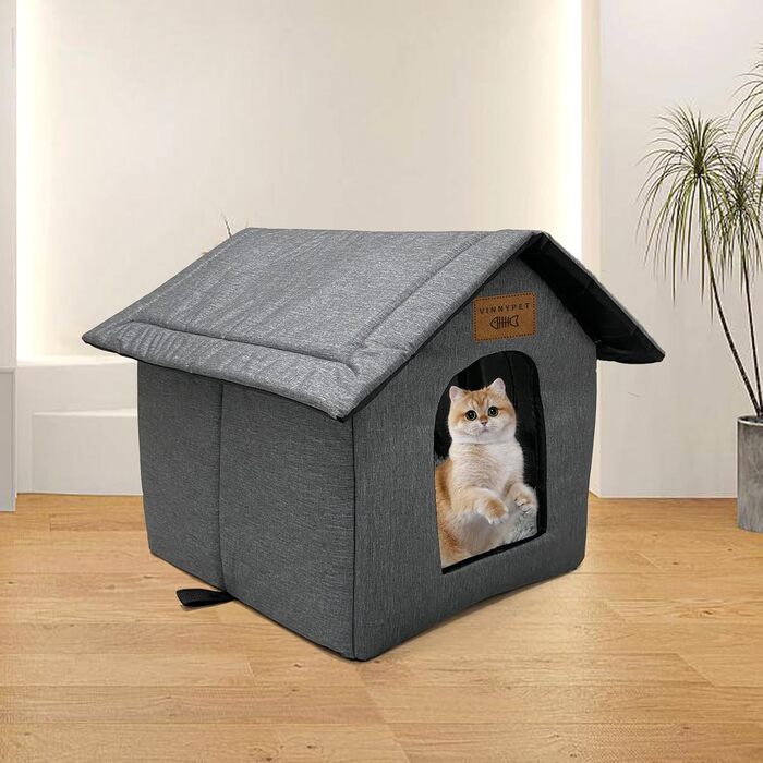 Vinnypet Outdoor Cat House - Winterproof, Waterproof, Warm Pet Shelter with Plush Cushion - Dog House, Stray Animal Shelter - 40x35x40cm Grey