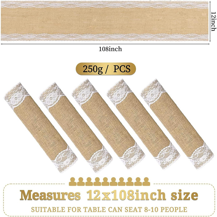 JIUERYY Natural Jute Table Runner Wedding Decoration - 30 * 275CM, 5 Pack