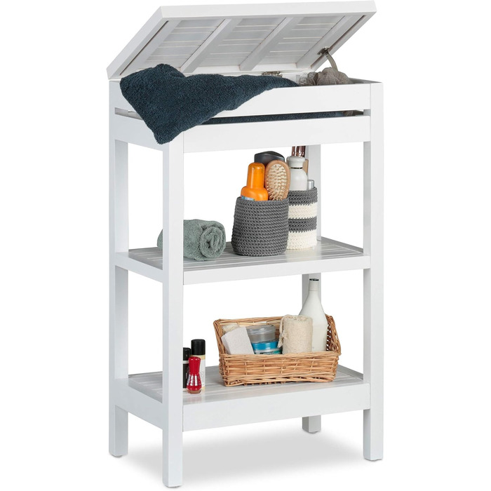 Relaxdays Bamboo Shelf, Standing Shelf with 3 Shelves, HxWxD: 76.5 x 46 x 29.5 cm, Compartment with Flap, Open, Kitchen & Bathroom, (White)