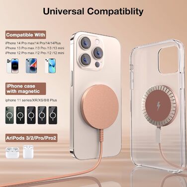 Магнітний бездротовий зарядний пристрій для iPhone 17/16/15/14/13/12 та Air-Pods 4/3/2 Pro (2 шт., рожеве золото)