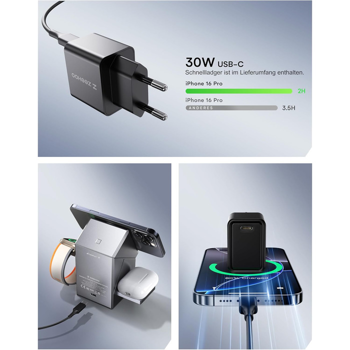 ZEEHOO 3-в-1 зарядний станція для Apple MagSafe: зарядка для iPhone, Apple Watch та AirPods (30W USB-C), сірий