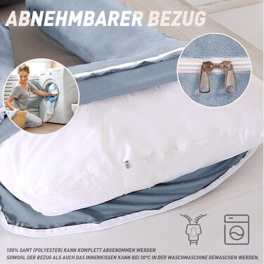 Подушка для вагітних CALIYO J-подібної форми, XXL, для сну на боці, з бавовняною підкладкою (180x70 см, блакитно-сіра)