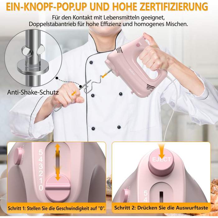 Електричний ручний міксер з нержавіючої сталі, вінчики та гаки для тіста, 5 швидкостей, Turbo Boost, для випічки, тортів, яєць та збивання (РОЖЕВИЙ)