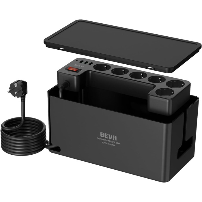 Блочок розеток BEVA з прихованими роз'ємами, 3680W/16A, захист від перенапруги 1050J, 2м кабель, 6 розеток + 3 USB-A + 1 USB-C (15W), з вимикачем, чорний