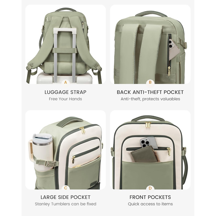 LOVEVOOK Рюкзак для ручної поклажі 40L з окремим відділенням для взуття, жіночий, для подорожей (3 шт.) Бежевий, Зелений