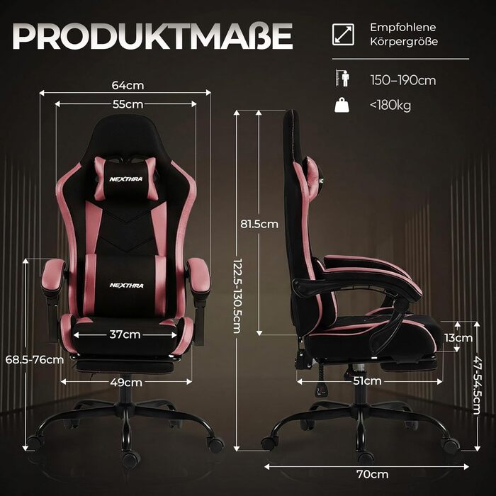 Геймерське крісло Nexthra Ergonomisch з підставкою для ніг, до 180 кг, рожеве. Офісне крісло для геймінгу та роботи, з регульованою спинкою 150°