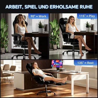 Ігрове крісло SUKIDA Ergonomic Pureblack: ергономічний офісний стілець з підскладною підставкою для ніг, підголівником та поперековою підтримкою, тканинна оббивка
