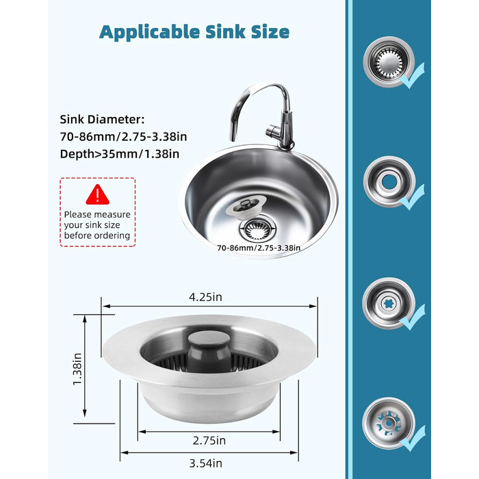 2 Pieces – 3-in-1 Kitchen Sink, Pop-Up Strainer #304, Stainless Steel, Drain Strainer with Handle Rod for US Standard 8.9cm Drain Filter, Clog-Free and Easy to Clean