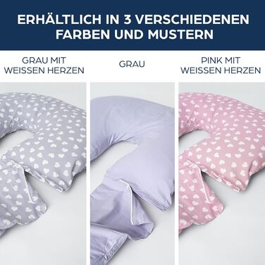 Niimo 4-in-1 U-Shaped Pillow - Breastfeeding Pillow, Pregnancy Pillow, Comfort Pillow & Side Sleeper Pillow with 100% Cotton Cover, Washable (Gray with white hearts)