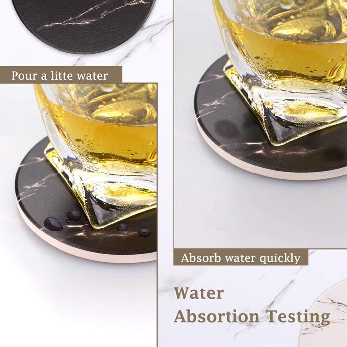 Coasters for Drinks, Absorbent Ceramic Stone Coasters Set with Metal Holder Stand, Cork Base, Marble Surface Pattern, Cup Placemats for Home Decor, Set of 6 - White (Black)