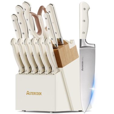 Набір кухонних ножів Astercook 14 предметів: ніж для м'яса, овочів, хліба, блок для зберігання, точилка, нержавіюча сталь, кремовий колір, антиковзкий ергономічний дизайн