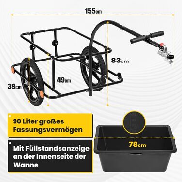 Причіп для велосипеда SAMAX 70 літрів / 60 кг - вантажний причіп з пластиковою ванною, чорний (90л / 80кг, для гірських велосипедів)