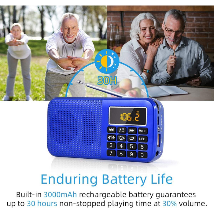 PRUNUS J-725 FM/UKW радіо: цифрове, портативне, з акумулятором 3000mAh, USB/SD/TF/AUX, радіо-годинник, з LED-ліхтариком (блакитне).