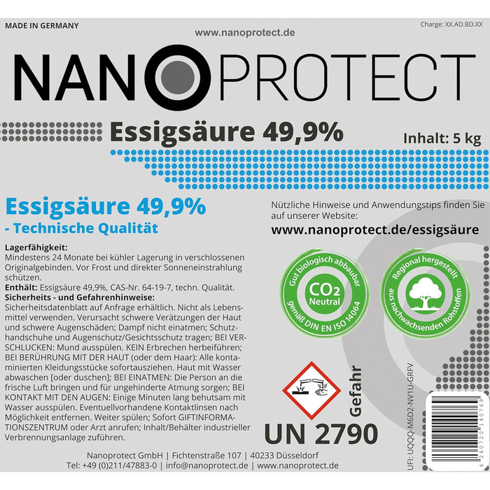 Оцтова кислота Nanoprotect 10 кг з розпилювачем, преміум очищувач і засіб від накипу для дому та саду, Німеччина