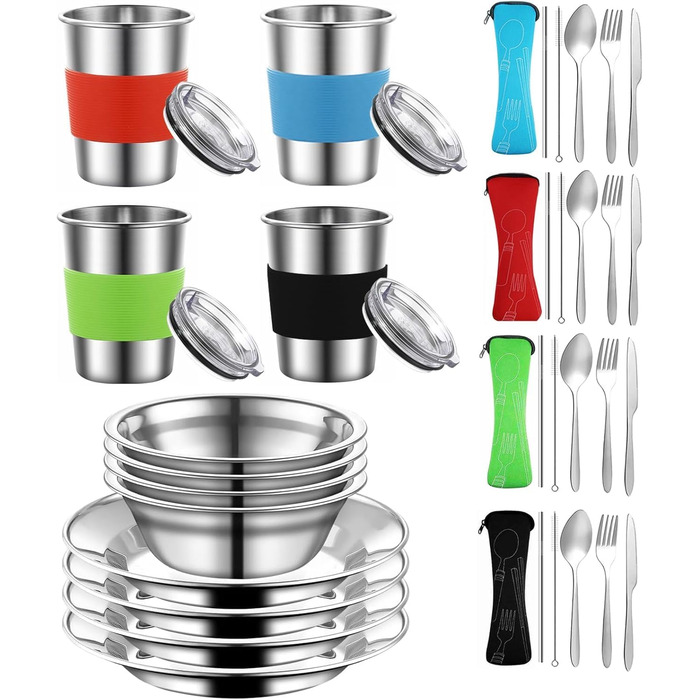 Набір для кемпінгу з нержавіючої сталі: посуд, столові прилади на 4 особи, у сітчастій сумці
