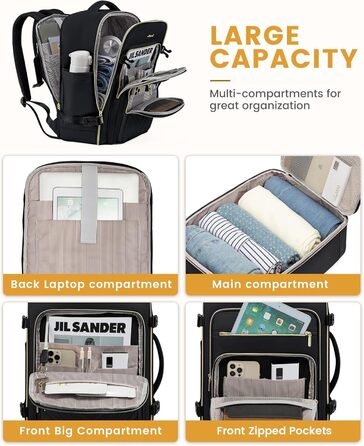 LOVEVOOK Рюкзак для ручної поклажі, 40L, водонепроникний, для ноутбука 17 дюймів, чорний, для подорожей та бізнесу