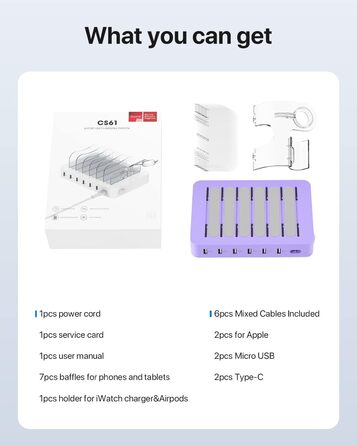 Зарядна станція SooPii USB з органайзером на 6 портів 50W, біла. В комплекті 6 кабелів та тримач для iWatch
