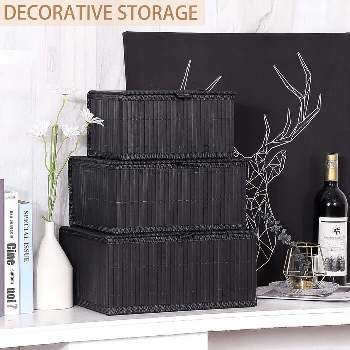 Honeycomb Storage Basket with Lid, Woven - Bamboo Decor Storage Boxes, Set of 3 Rattan Basket with Lid Woven Fabric Insert for Bathroom Kitchen Shelf Organization (Large/Medium/Small) (Black Box)