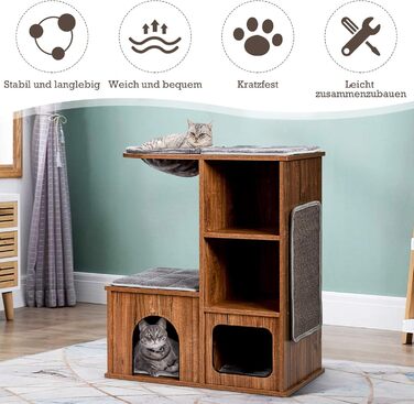 Кігтеточка для котів COSTWAY з будиночком та килимками, дерев'яний дім-кігтеточка, активний комплекс для котів 69x39x80,5 см, вінтажний стиль