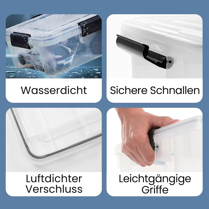 Iris Ohyama Airtight Plastic Storage Boxes with Lids, 50L, 4-Piece Set, Airtight Waterproof Seal, Robust Snap Closures, Stackable, Dustproof, BPA-Free, DDAT-L (Transparent, 10L x4)
