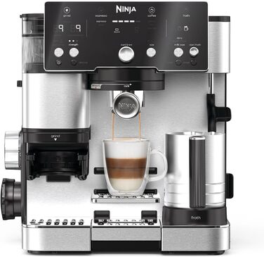 Ninja Luxe Essential кавомашина 2-в-1 з вбудованим млином та капучинатором для лате, капучино та еспресо, срібна, ES501EU
