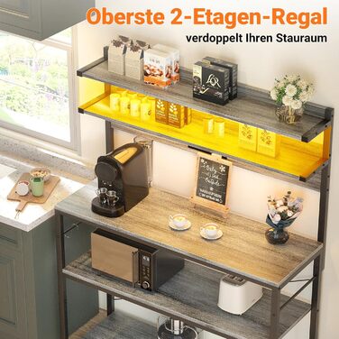 Кухонна полиця-стійка з розеткою, підставка для мікрохвильовки, 5-рівнева кавобар з LED-підсвічуванням, полиця для спецій, каструль та сковорідки (80см, Білий дуб)