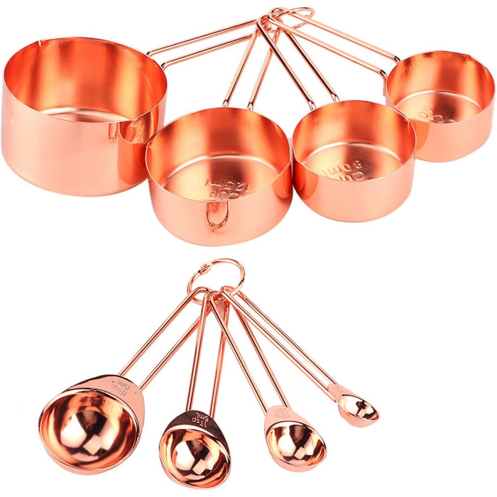8-Piece Measuring Cup and Spoon Set, Stainless Steel Measuring Spoons with Buckle, Kitchen Baking Accessories for Milk-Tea Shops, Bars, Cafés, Kitchen Utensils (Color: Rose Gold)
