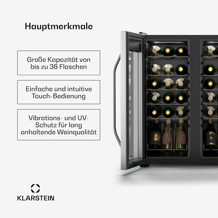 Klarstein 33-Bottle Freestanding Wine Refrigerator with Dual Zone Cooling & Glass Door - Indoor/Outdoor Beersafe with LED Lighting