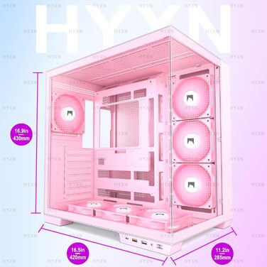 Корпус ПК ATX HYXN з 7 вентиляторами PWM ARGB, Mid Tower, Dual Chamber, Type-C, підтримка 3x360 мм кулерів (білий, рожевий)