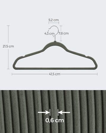 Плечики SONGMICS для одягу, 20 шт., велюрові, для сорочок, жакетів, костюмів, 41.5 см, обертовий гачок, сірий