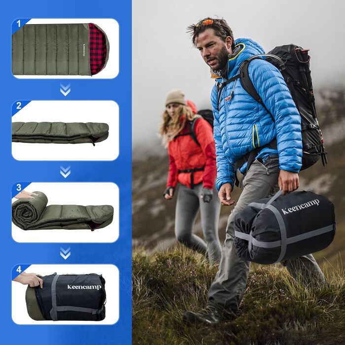 Сплячий мішок Keencamp Flanell Warmer для кемпінгу, 3-4 сезони, бавовняна підкладка, до -1°C, XXL, 230x90 см (зелений, Zip)