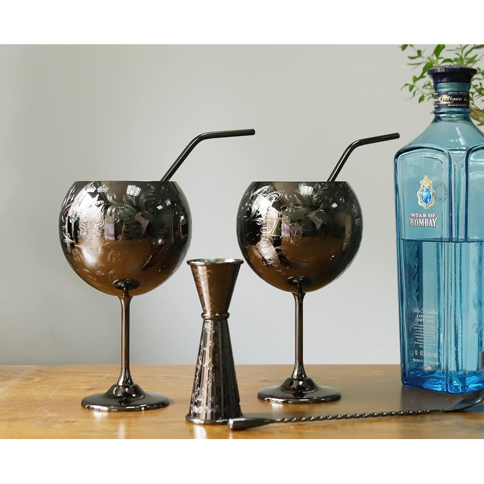 Luxurious Gin Glasses Set, Stainless Steel Cocktail Wine Glasses Set, Gin Making Kit for Gin Lovers 680ml Black, (Hand Wash)