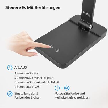 LED лампа настільна диммерна з USB, 5 кольорів та 3 рівні яскравості, для читання, дітей, офісу, чорна MT-856