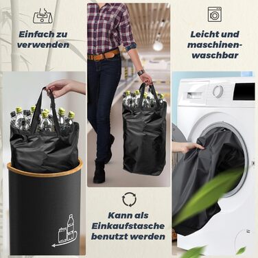 Laundry basket with 2 compartments, deposit bottle collection container with lid, container for deposit bottles & glass recycling & paper waste, deposit bottle container bamboo with bag, must have (Beige-d, 100L)